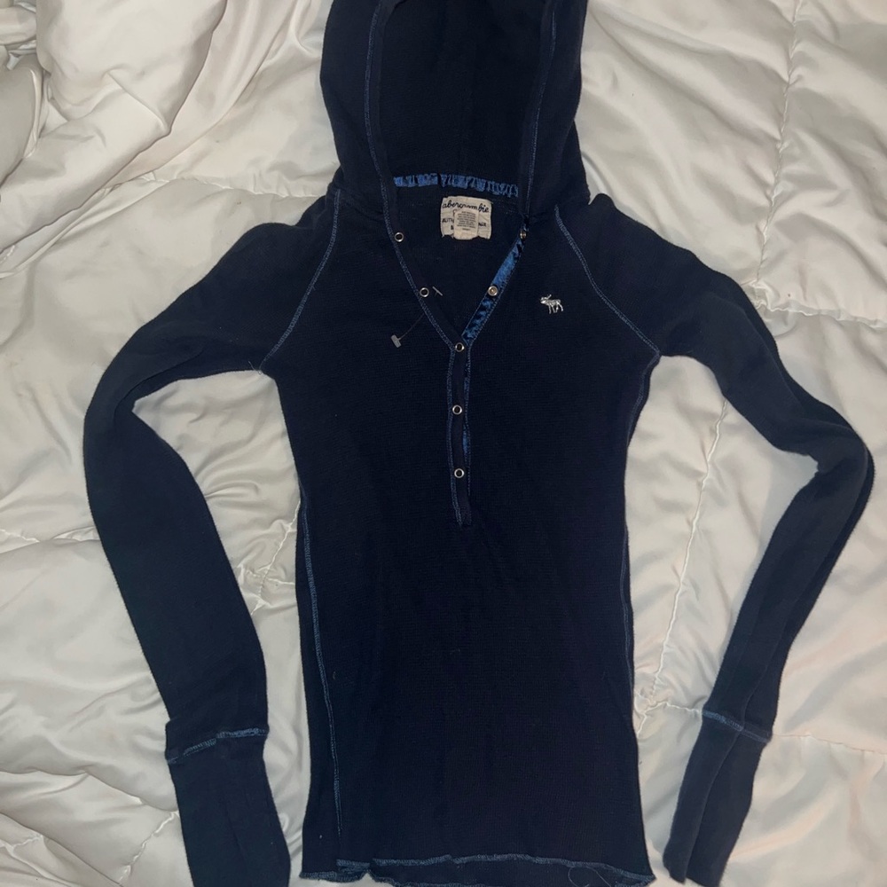 Vintage Y2K Abercrombie & Fitch Navy Hooded Henley Top - Elena Gilbert Aesthetic